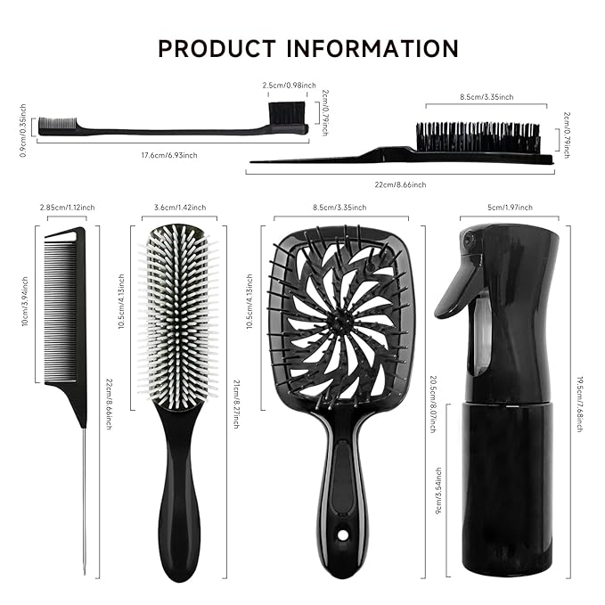 11 Pcs Hair Brush Set, Detangle Hair Brush And Spray Bottle, 3 Pieces Smooth Hairbrush For Toddlers, Suitable For Wet and Dry Hairstyles, Suitable For Adults And Children(Black)