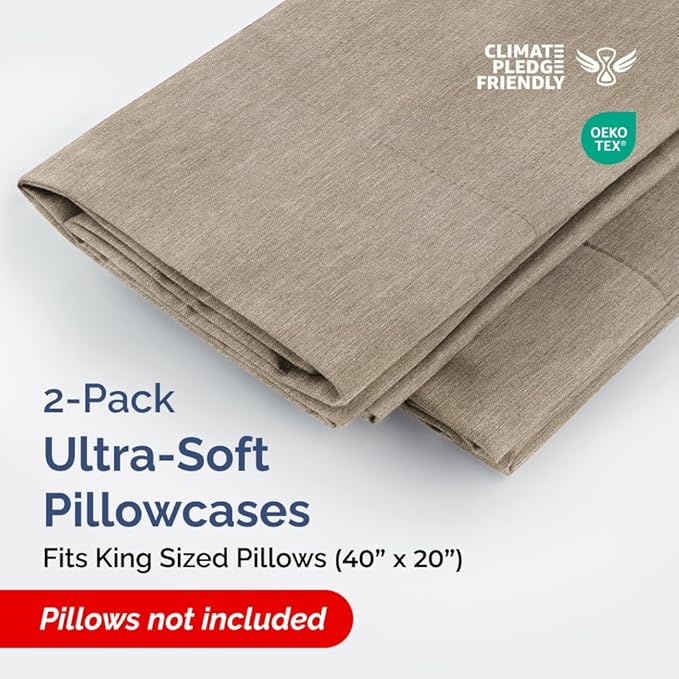 King Pillow Cases Set of 2 - Ultra Soft Hotel Quality Pillowcase Covers - Comfy, Cozy & Wrinkle Free - Shrinkage and Fade Resistant - Machine Washable Pillow Protectors - 2 Piece Set - Heathered Beige