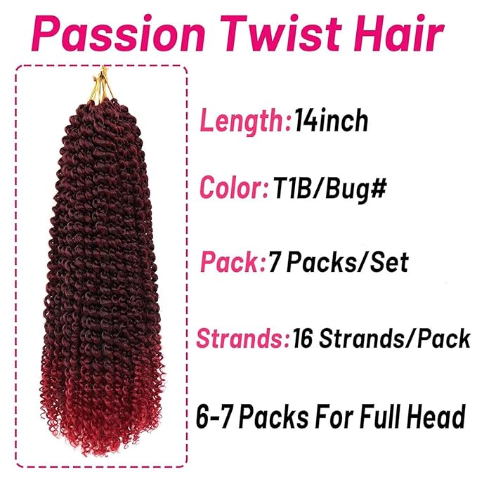 Dorsanee Ombre Burgundy Passion Twist Hair 14 Inch 7 Packs Water Wave Crochet Hair Long Bohemian Curly Braiding Hair for Butterfly Locs, Faux Locs, Boho Style Spring Twist Crochet Braids (TBug#)