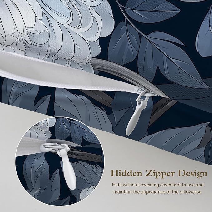 Satin Pillowcase with Zipper for Hair and Skin White and Blue Petals and Leaves 1 Pack Soft Silk Pillow Case Standard Size Wrinkle-Free Smooth and Cooling Satin Pillow Cover 20”x26”