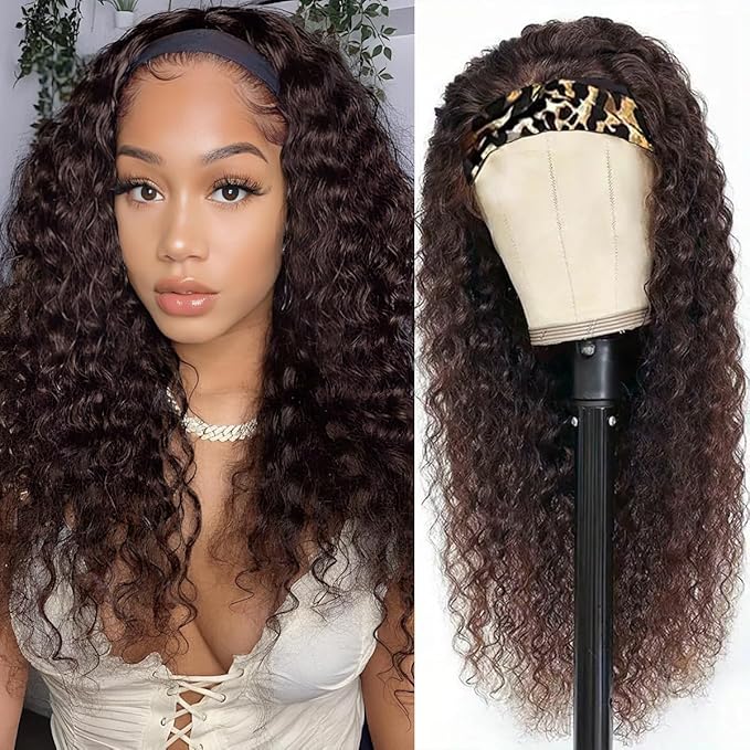 #4 Brown Headband Wig Human Hair 180% Density 100% Unprocessed Brazilian Virgin Hairs Machine Made Chocolate Brown Water Wave Headband Wig Human Hair For Woman 18 Inch