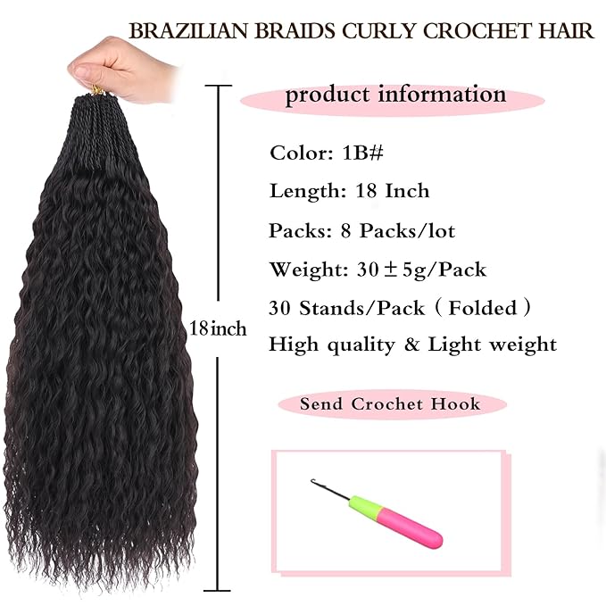 Xtrend Pre Looped Micro Curly Crochet Hair 18 Inch 8 Packs Brazilian Afro Kinky Crochet Hair Black Braiding Hair Extensions Deep Wave Synthetic Mini Senegalese Twist Hair For Boho (30Strands/Pack，1B#)