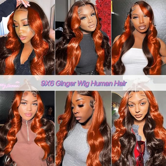200% Density Wear And Go 9x6 Glueless Wigs Human Hair Pre Plucked Pre Cut For Beginners Ginger Body Wave Lace Front Wigs Human Hair For Black Women HD Lace Closure Colored Glueless Wig(24 INCH)