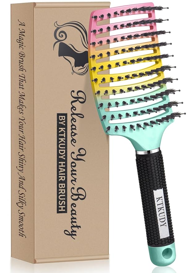 KTKUDY Detangling Brush Boar Bristles Hairbrush Make Hair Shiny & Healthier Curved and Vented Detangler Brush for Women Men Kids Wet & Dry Hair (Rainbow)