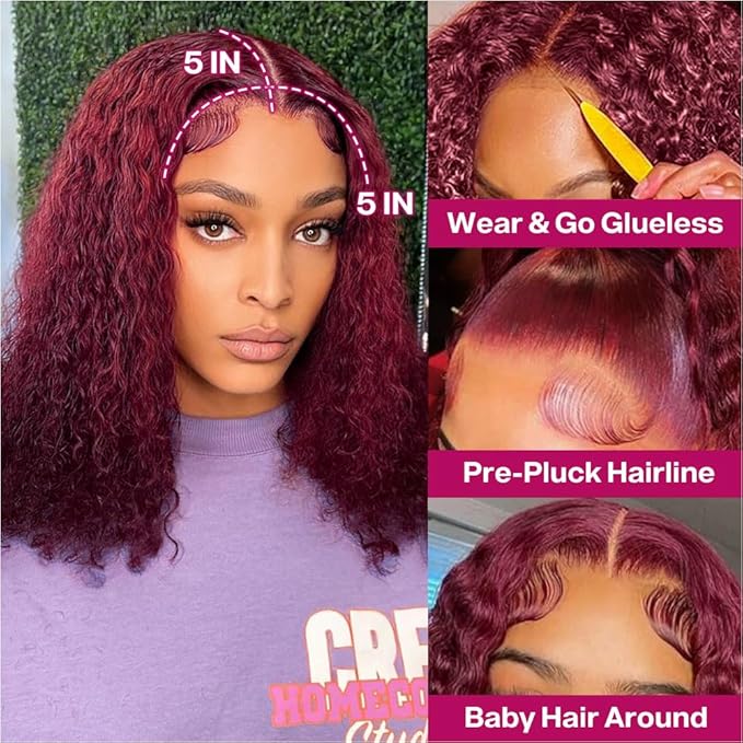 Curly Bob Wig Human Hair Deep Wave 200% Density 5x5 HD Lace Closure Wigs Human Hair Bob Wigs For Black Women Wear And Go Glueless Curly Wig Burgundy Color 12 Inch