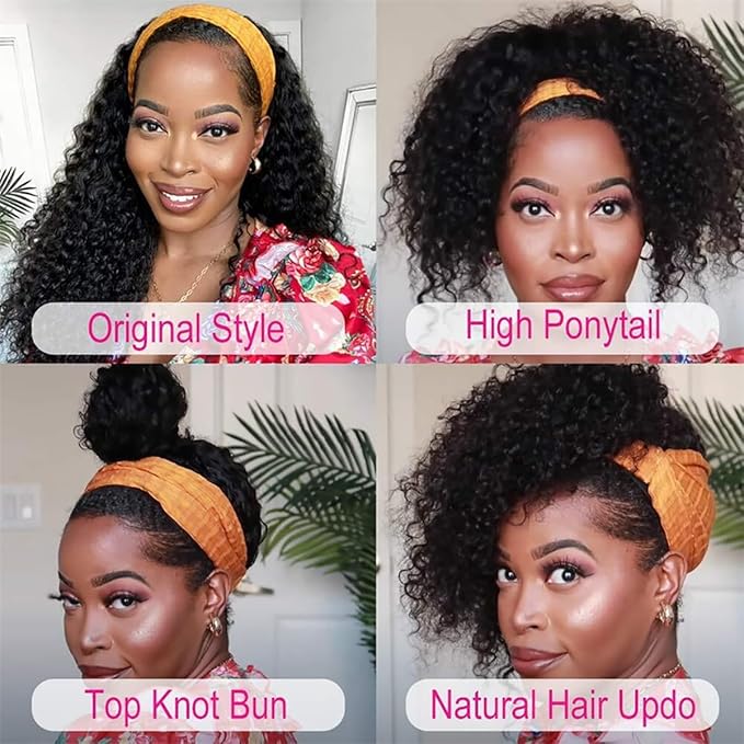 Headband Wig Human Hair Curly 28 Inch None Lace Front Wigs Deep Wave Human Hair Headband Wigs for Black Women Natural Color