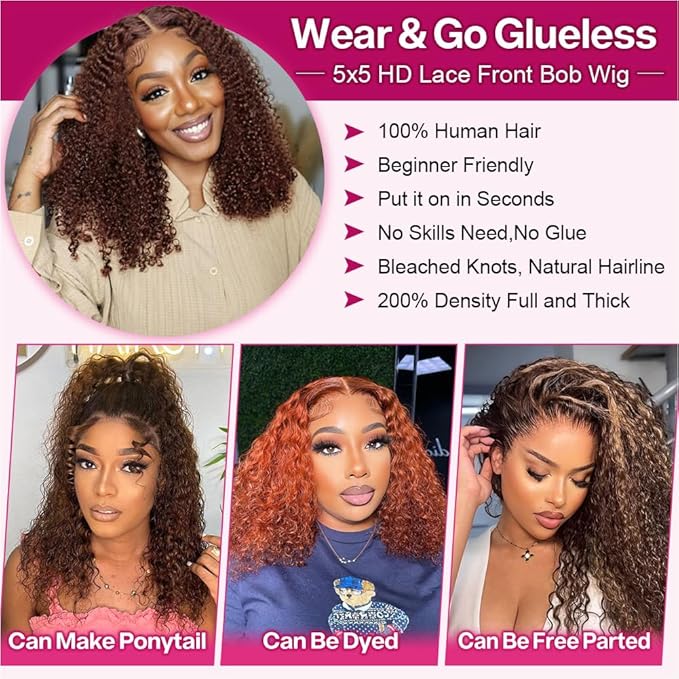 Curly Bob Wig Human Hair Deep Wave Glueless Wigs Human Hair Pre Plucked Pre Cut 5x5 Wear And Go HD Lace Closure Wigs Human Hair For Black Women 200% Density Chocolate Brown Color 12 Inch