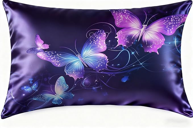 1 Pack Satin Pillowcase for Hair and Skin Purple and Blue Butterflies Imitation Silk Pillowcase with Hidden Zipper Soft Breathable Pillow Cover Standard Size for Bedroom Sofa 20”x26”