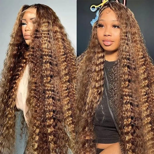 MEGOOD 13x6 Highlight Ombre Lace Front Wig Human Hair 220% Density 13x6 HD Honey Blonde 4/27 Curly Wig Human Hair Pre Plucked For Black Woman Deep Wave Lace Front Wigs Human Hair Colored Wigs 30Inch
