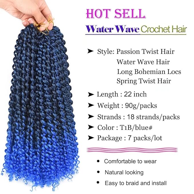 22inch Blue Water Wave Crochet Hair for Butterfly Soft Locs 7 Packs Ombre Blue Passion Twists Hair Synthetic Crochet Hair Long Bohemian Locs Braiding Hair Extensions (22" 7packs T1B/blue#)