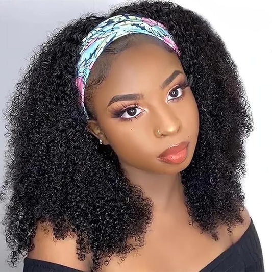 Aiterina Kinky Curly Human Hair Headband Wig for Black Women Curly None Lace Front Wigs Human Hair Non Lace Front Wig 150% Density Virgin Human Hair Wig Natural Color (Headband Wig, 22inch)