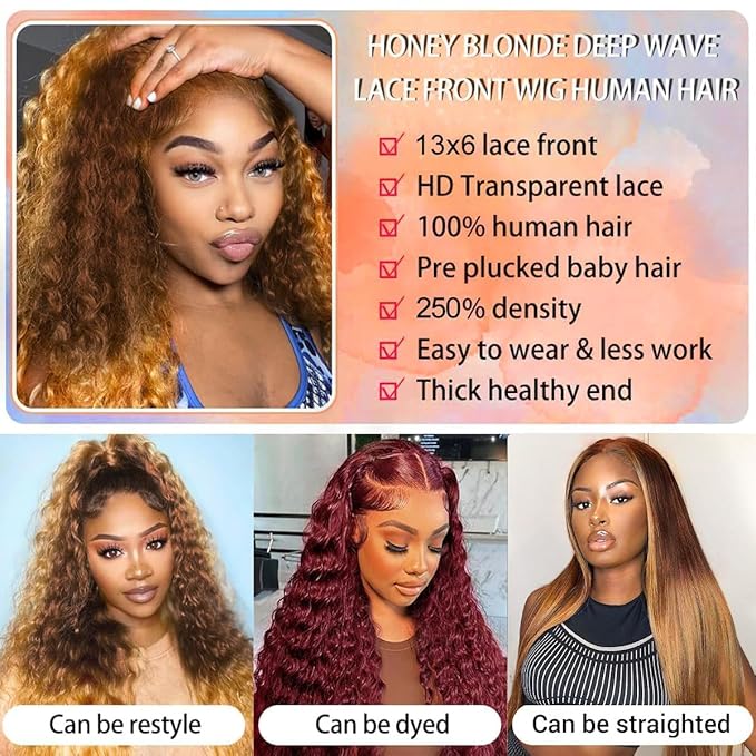MEGOOD 250% Density 13x6 Highlight Ombre Lace Front Wig Human Hair 13x6 HD Honey Blonde 4/27 Curly Wig Human Hair Pre Plucked For Black Woman Deep Wave Lace Front Wigs Human Hair Colored Wigs 26Inch