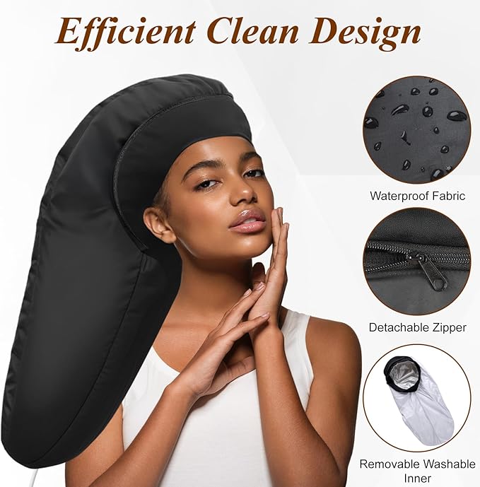 Heated Cap for Deep Conditioning: Upgraded Extra Large 10-Level Fast Heating 3 Time Settings Hair Steamer Cap for Natural Black Hair Portable Thermal Steam Cap for Home Hair Treatment - Black