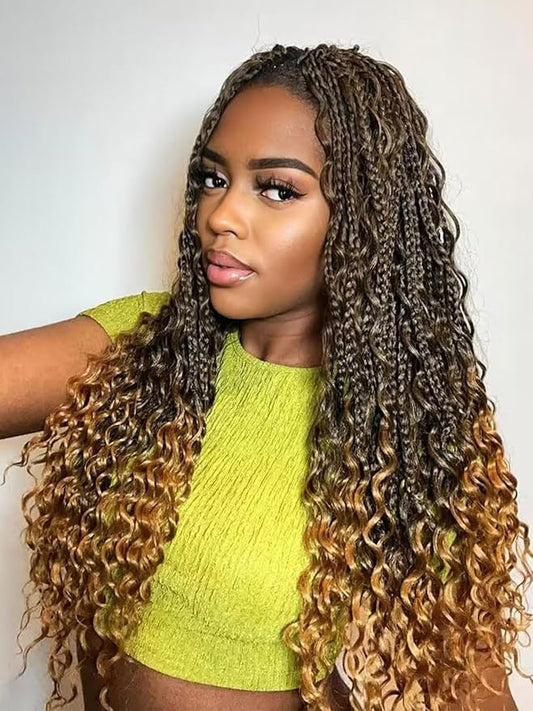 24 Inch 7 Packs Boho Box Braids Crochet Hair for women Goddess Box Braids with Curly Ends Bohemian Crochet Braids Synthetic Braiding Hair Extensions, 1B/27
