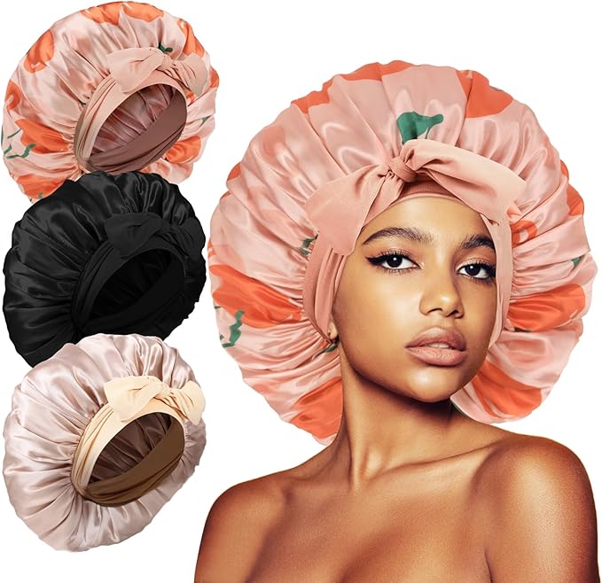 3Pcs Bonnets for Sleeping, Extra Satin Silk Bonnet for Sleeping Women with Tie Band for Curly Hair Jumbo Bonnet Braids