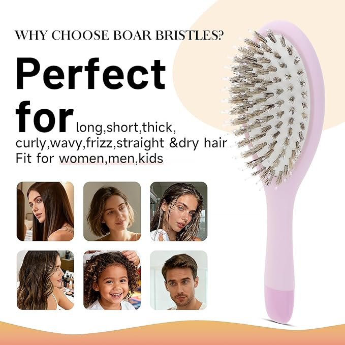 Boar Bristle Hair Brush -boar bristles + nylon pins， Smoothes & Detangles All Hair Types, Hairbrush for Women, Men & Kids, Distributes Oils for Natural Shine & Stimulates Scalp