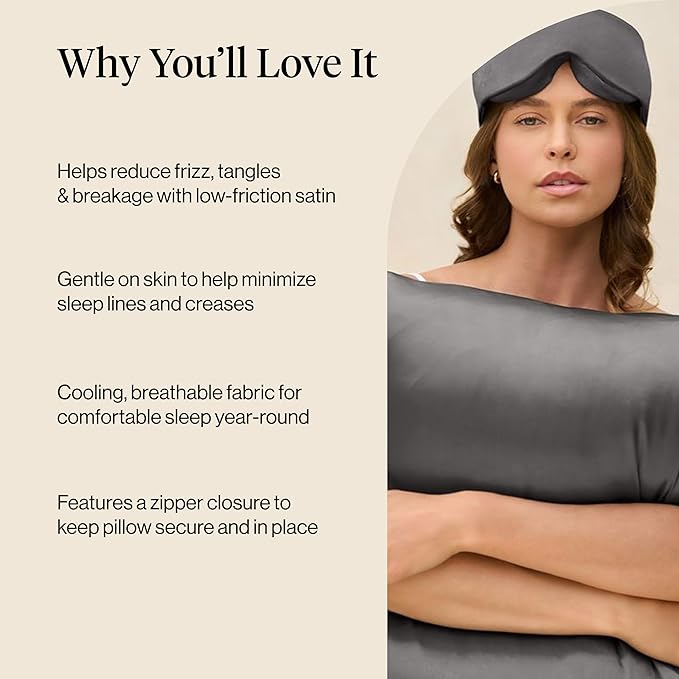 Kitsch Satin Pillowcase with Zipper for Hair & Skin, Softer Than Silk Pillow Cases King, Wrinkle-Free, Smooth and Cooling Satin Pillow Covers, King Size 19"x36" - Charcoal