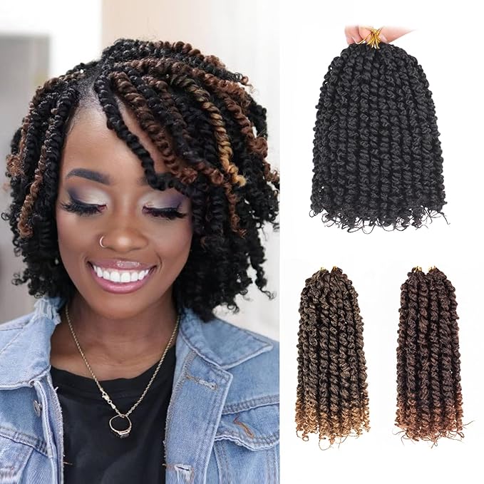 Leeven 8 Inch Passion Twist Crochet Hair 8 Packs (6 Packs #1B+1 Pack T27+1 Pack T30) Short Bomb Pre-Twisted Passion Twist Mixed 3 Color Combo Pack Synthetic Hair For Women Kids