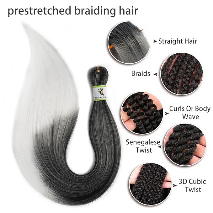 Pre Stretched Braiding Hair Ombre Tgrey 24 Inch 8 Packs, Synthetic Yaki Braiding Hair Pre Stretched