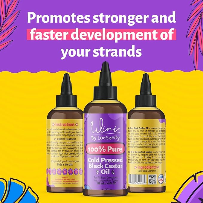 Locsanity Wini Pure 100% Jamaican Black Castor Oil Organic Cold-Pressed | Non-GMO | Unscented - 4 fl oz: Moisturizing Face & Hair Oil for Growth, Skin Care, Strengthening, & Nourishing