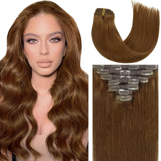 Caliee Clip in Hair Extensions Human Hair Chocolate Brown #4 Real Hair Extensions Clip in Human Hair Double Weft Lace Clip in Hair Extension Seamless Silky Clip in Hair Extehsions 140g 7pcs 22inch