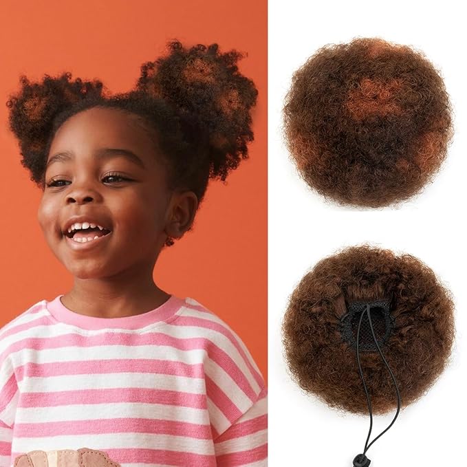 isheeny Medium Human Hair Bun For Girls 5-8 Years Old, Natural Human Hair Drawstring Ponytail Hair Extensions H4-30 For Little Girls, Curly Bun Hairpiece, Soft, And Durable For Repeated Use