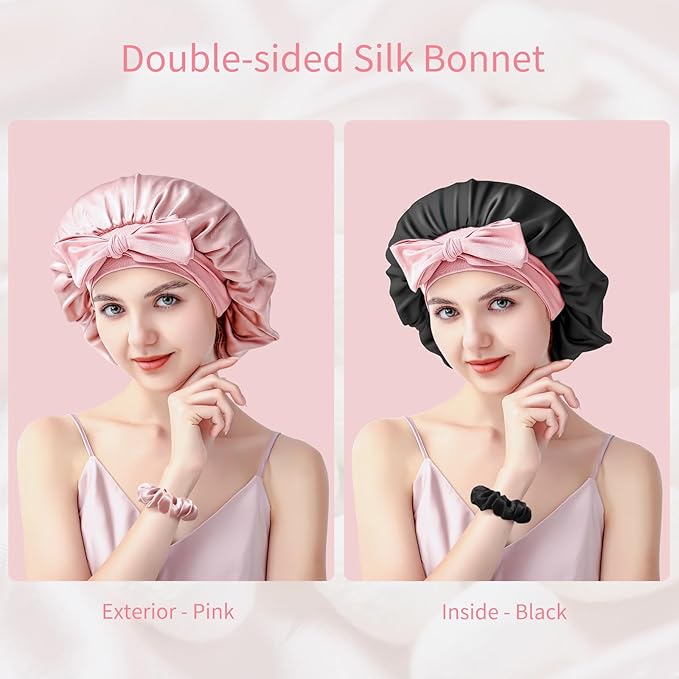 Silk Bonnet for Sleeping Women, 22 Momme 100% Mulberry Silk Sleep Cap with 2 Matching Silk Scrunchies, Double-Sided Wearable Hair Bonnet for Night Hair Care and All Hair Types - Pink