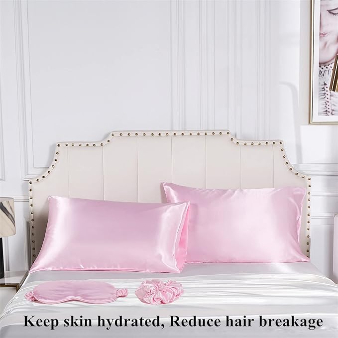 Satin Pillowcase for Hair and Skin, Vegan Silk Pillowcase Set-2 Pink Satin Pillowcases, 1 Eye Mask, 1 Scrunchie-Luxury Sleep Set, Silky Satin Pillow Cases Queen Size with Envelope Closure