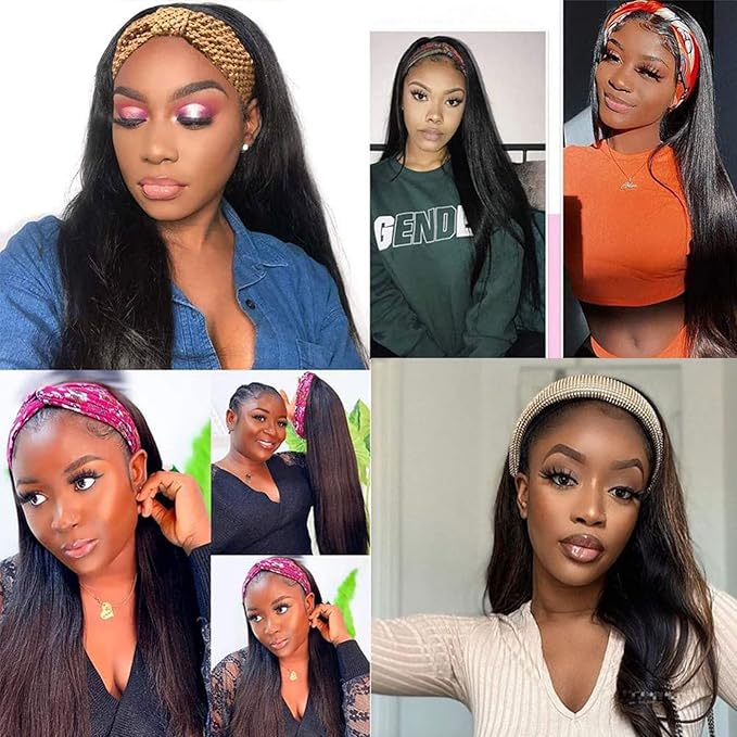 ISEE 10A Headband Wig Straight Human Hair Wigs for Black Women 180% Density Brazilian Virgin Hair Machine Made Headband Wig Non Lace Front Human Hair Wigs 16 inch