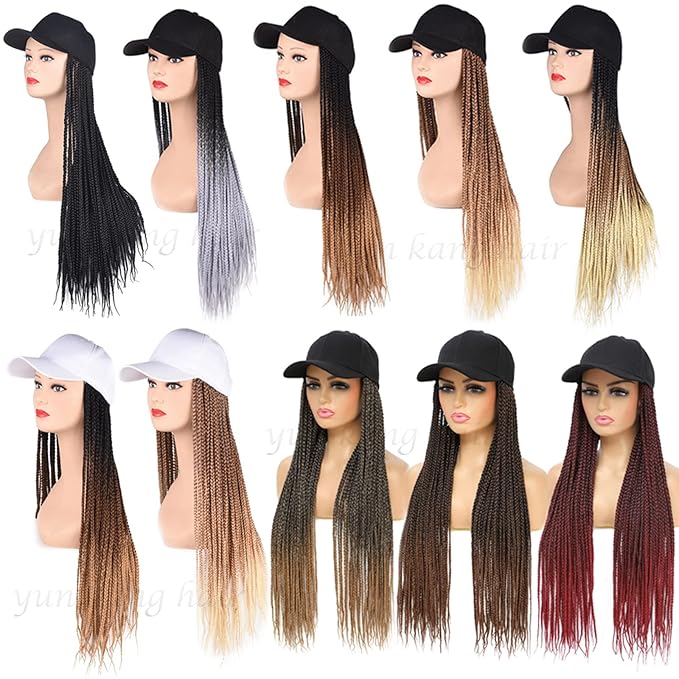 Hat Wig for Women Baseball Cap with Braided Hair Attached 24inch long Synthetic Box Braid Wig Hat Adjustable Cap with ombre black brown blonde Braids for Daily Outdoor Use (B-1B/27/613)