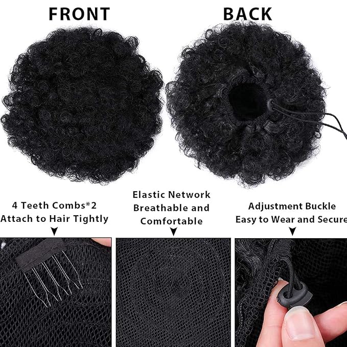 Afro Puff Drawstring Ponytail with Bangs ponytail extension for black women Short Curly Clip in Wrap Updo Hairpiece(1#) (No bangs, 1#)