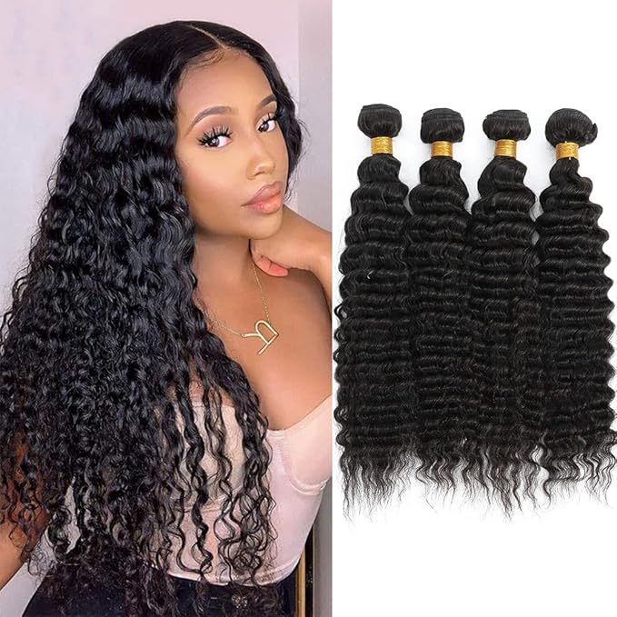 Deep Wave Bundles 14 16 18 20 Inches Human Hair Bundles Deep Wave Brazilian Human Hair 4 Bundles Loose Deep Wave Hair Bundles Human Hair Extensions Natural Black Color Hair