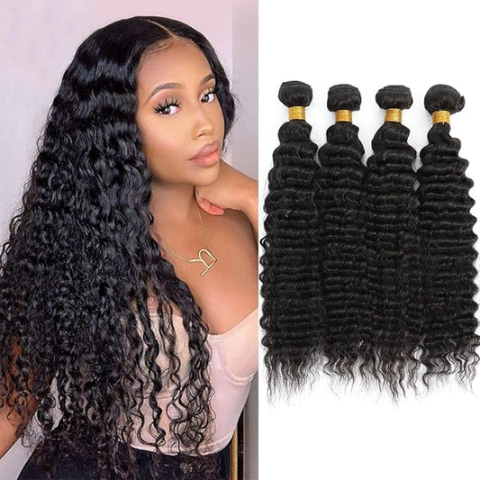 Deep Wave Bundles 14 16 18 20 Inches Human Hair Bundles Deep Wave Brazilian Human Hair 4 Bundles Loose Deep Wave Hair Bundles Human Hair Extensions Natural Black Color Hair
