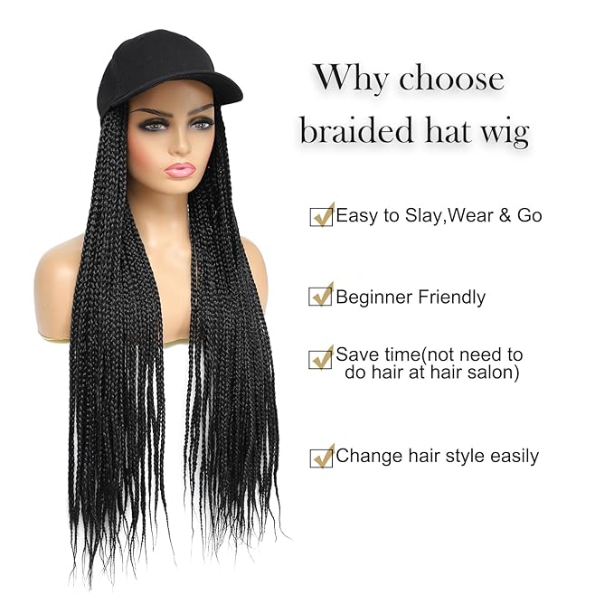 Hat Wig for Women Baseball Cap with Braided Hair Attached Synthetic Black Box Braid Wig Hat Adjustable Cap with Braids for Daily Outdoor Use (B-Black)