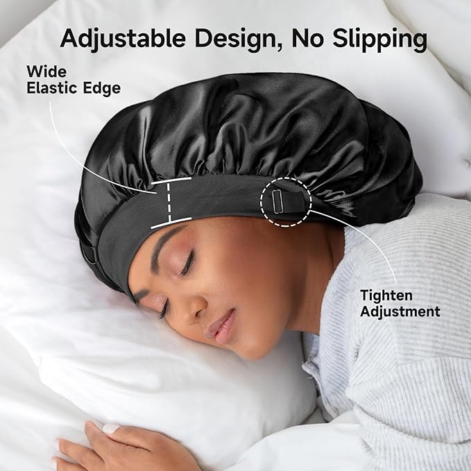 22 Momme 100% Real Mulberry Silk Bonnet for Sleeping Women, Large Hair Care Bonnet for Long Curly Hair, Double Layer Silk Hair Wrap with Soft Elastic Band, Non-Slip Sleep Cap, Black