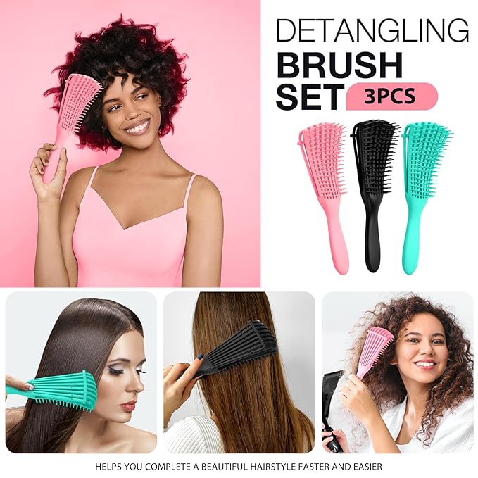 Hommtina Detangling Brush Set Getting Shine and Makes Hair Smooth, Curly Hair Brush for Adult & Kids Wet or Dry Hair(Green Pink Black + Black, 3 PCS)