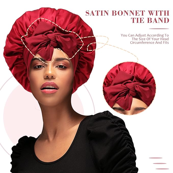 Satin Hair Bonnet Wide Band - Silk Like Sleeping Bonnets for Curly Hair Hair Wrap for Night Cap with Tie Band Breathable Satin Bonnet for Women and Girls (Red)