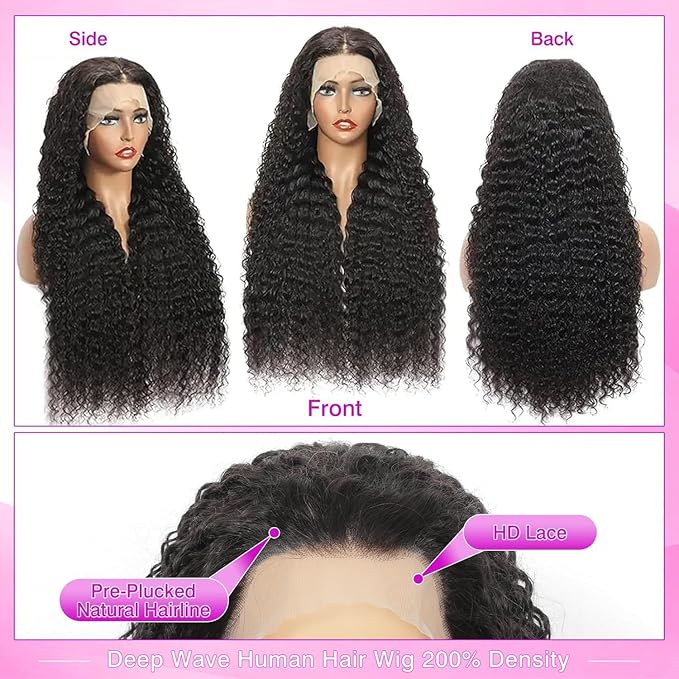 Deep Wave Lace Front Wigs Human Hair 13x6 HD Transparent Lace Front Wigs Human Hair 250% Density Deep Curly Human Hair Wig Pre Plucked Deep Wave Frontal Wigs Natural Color 34 Inch