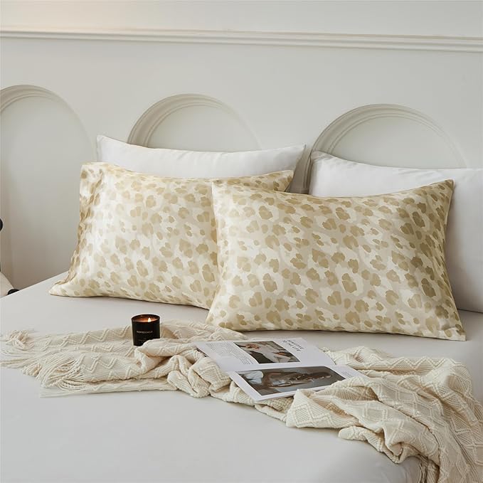 Satin Pillowcase for Hair and Skin, Leopard Print Soft Silky Pillow Cases Queen Size Pack of 2, Cooling Satin Pillowcase Set with Envelope Closure (20x30 inches, Champagne)