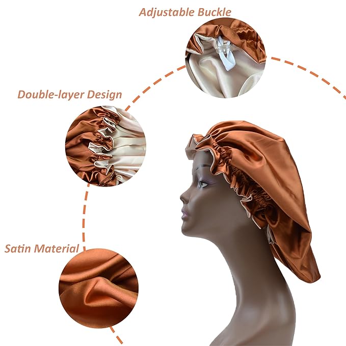 Silk Bonnet for Sleeping Satin Bonnets Double Layer Reversible Hair Cap Bonnet for Women Long Curly Braid Hair (Copper)