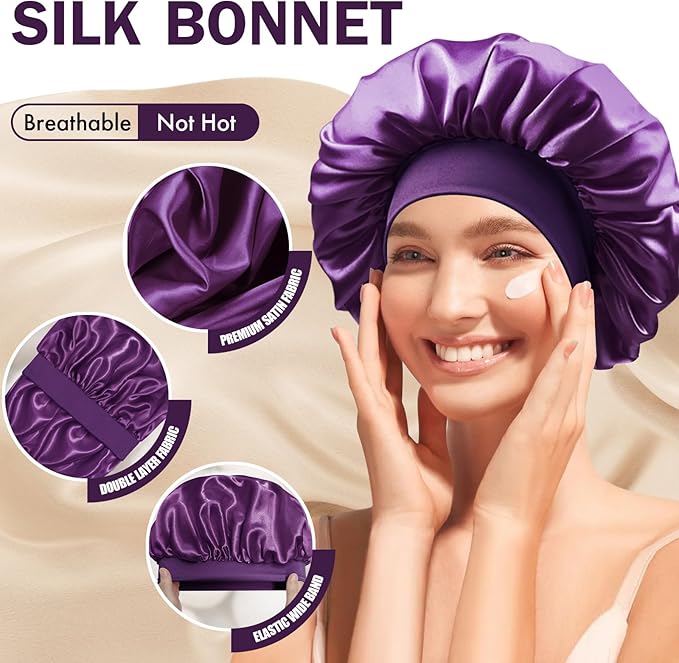 Satin Silk Bonnet for Sleeping, Double Layer Silk Sleep Cap for Men & Women, Soft Satin Lined Bonnet for Curly Hair