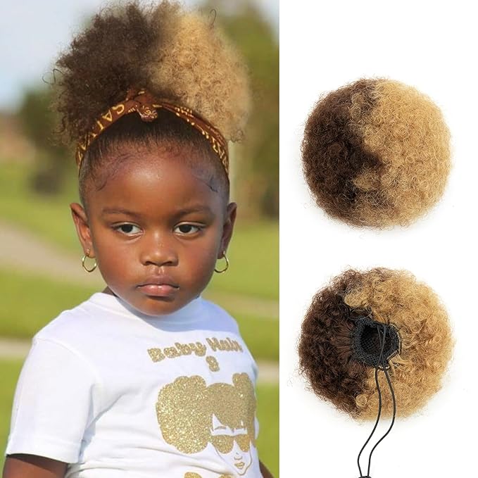 Kids Afro Puff Real Human Hair Ponytail for Black Women Short Kinky Curly Ponytail Extension Drawstring Ponytail 4c African American Fake High Bun Half Medium Brown Half Light Blonde 6 Inch 40g