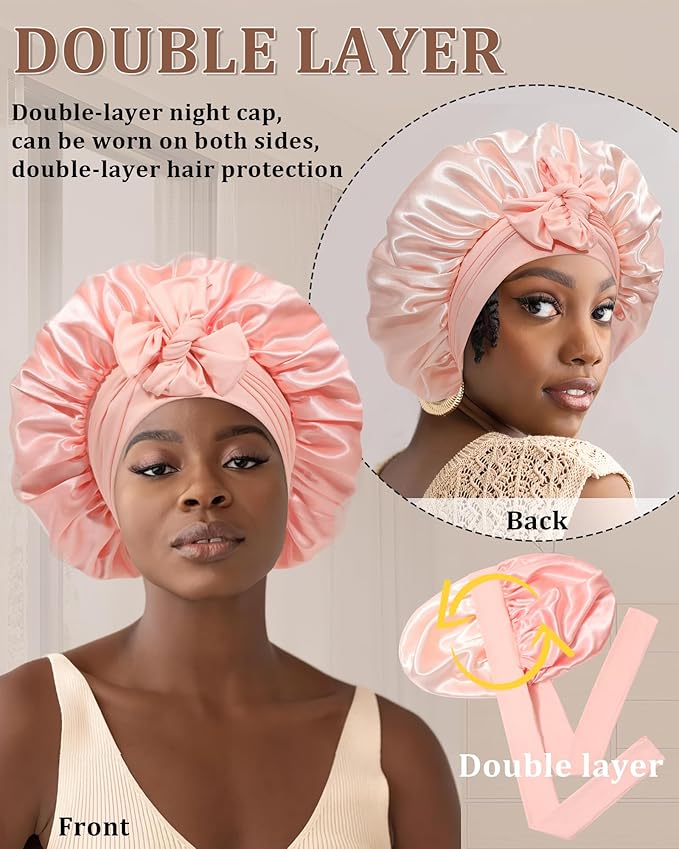 Reversible Satin Bonnet for Sleeping Women Double Layer Hair Bonnet with 2PCS Hair Scrunchies Elastic Tie Band Night Cap
