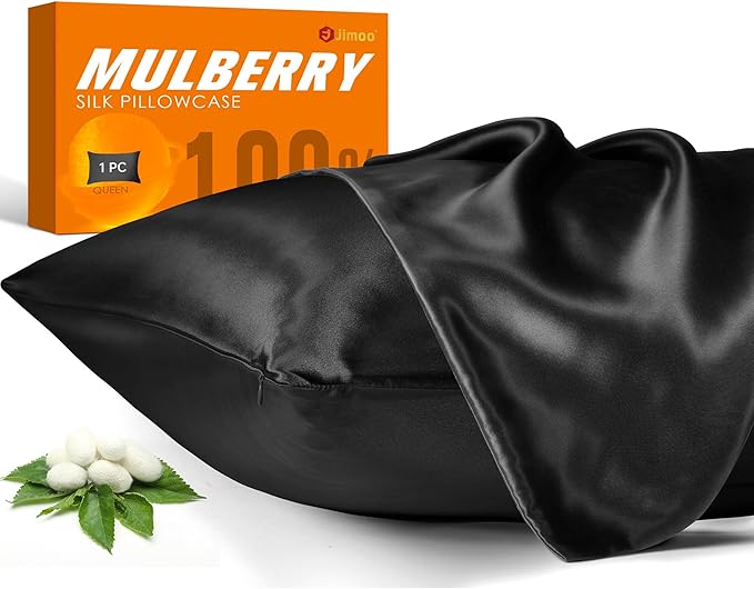 100% Mulberry Silk Pillowcase for Hair and Skin, 22 Momme Pure Natural Silk Pillow Case Both Sided with Zipper, Pillow Cover for Women Mom Men (Black, Queen 20''×30'', 1 Pack)