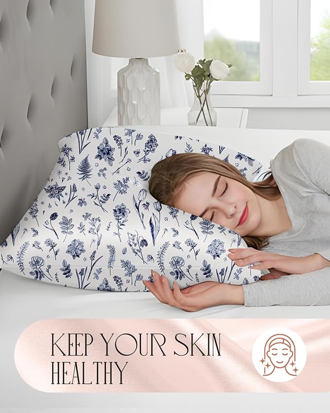 2 Pack Satin Pillowcase - Queen Size 20 x 30 Inches with Hidden Zipper Smooth and Comfortable Pillow Covers Hair and Skin Care for Moms and Women, Blue Line Flower