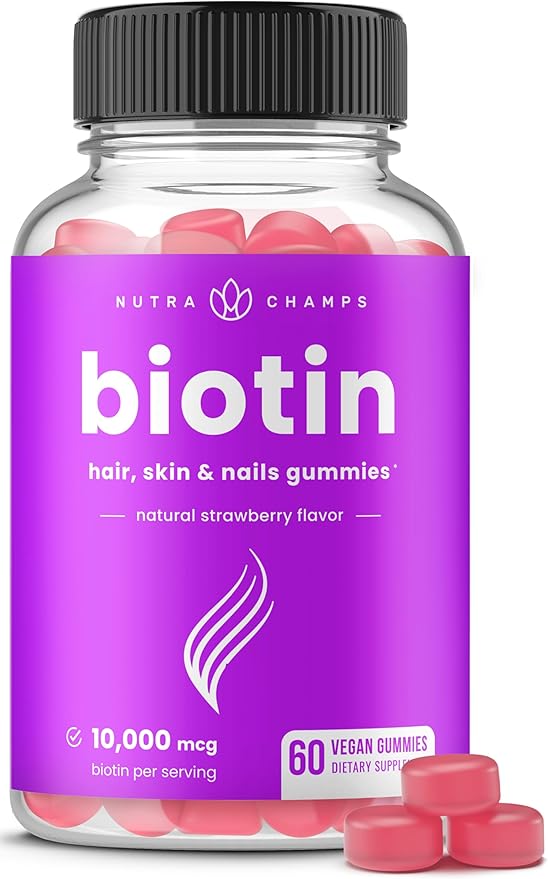 NutraChamps Biotin Gummies 10000mcg [High Potency] for Healthy Hair, Skin & Nails Vitamins for Women, Men & Kids - 5000mcg in Each Hair Vitamins Gummy - Vegan, Non-GMO, Hair Health Supplement