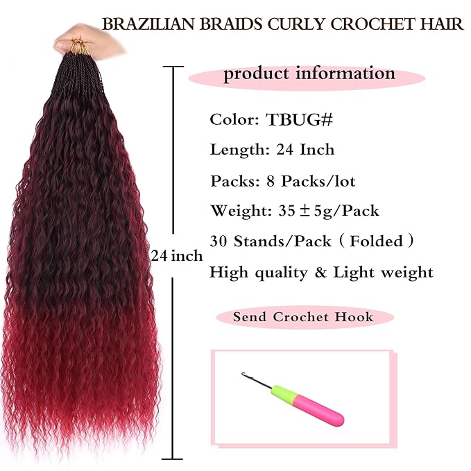 Xtrend Pre looped Brazilian Braids Afro Curly Crochet Braiding Hair Yaki Kinky Micro Curly Water Wave Crochet Hair 24 Inch 8 Packs Synthetic Deep Wave Mini Boho Braids For Women(30Strands/Pack，TBUG#)