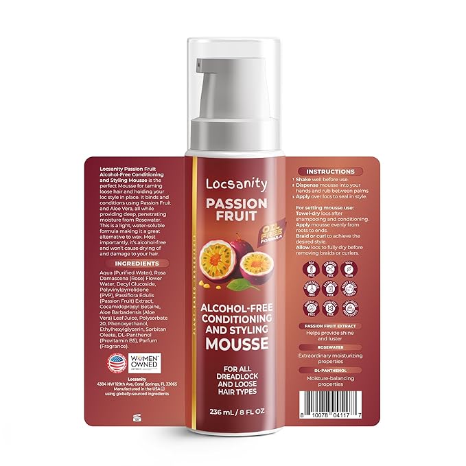 Locsanity Passion Fruit Alcohol-Free Conditioning and Styling Mousse, Rolling, Twisting, Locking Mousse- Dreadlocks, Locs, Sisterlocks, Loose Natural Hair, Braidlocs