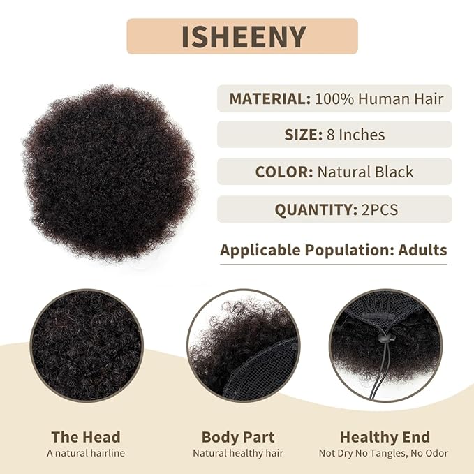 isheeny Natural Black Curly Ponytail Extension Human Hair Large Drawstring Ponytail 2pcs For School Children, An Innovative Design For African Puffs, Delicate And Cute Loose Kinky Curls Hairpiece