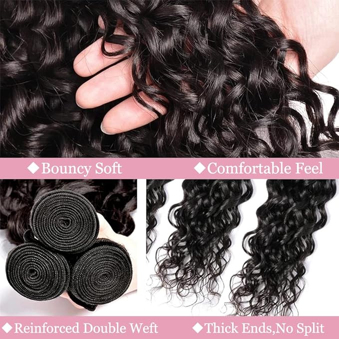 Deep Wave Bundles Human Hair 3 Bundles 24 26 28 Inch 100% Unprocessed Virgin Hair Water Wave Bundle Wet and Wavy Bundles Double Weft Deep Long Curly Weave Deal Natural Black